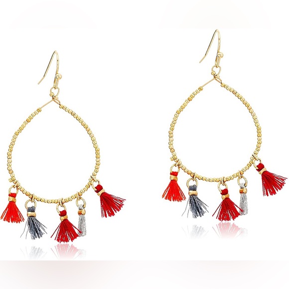 Boho Gold Beaded Hoop Drop Statement Earrings Red & Grey Fringe Tassels - Picture 3 of 11
